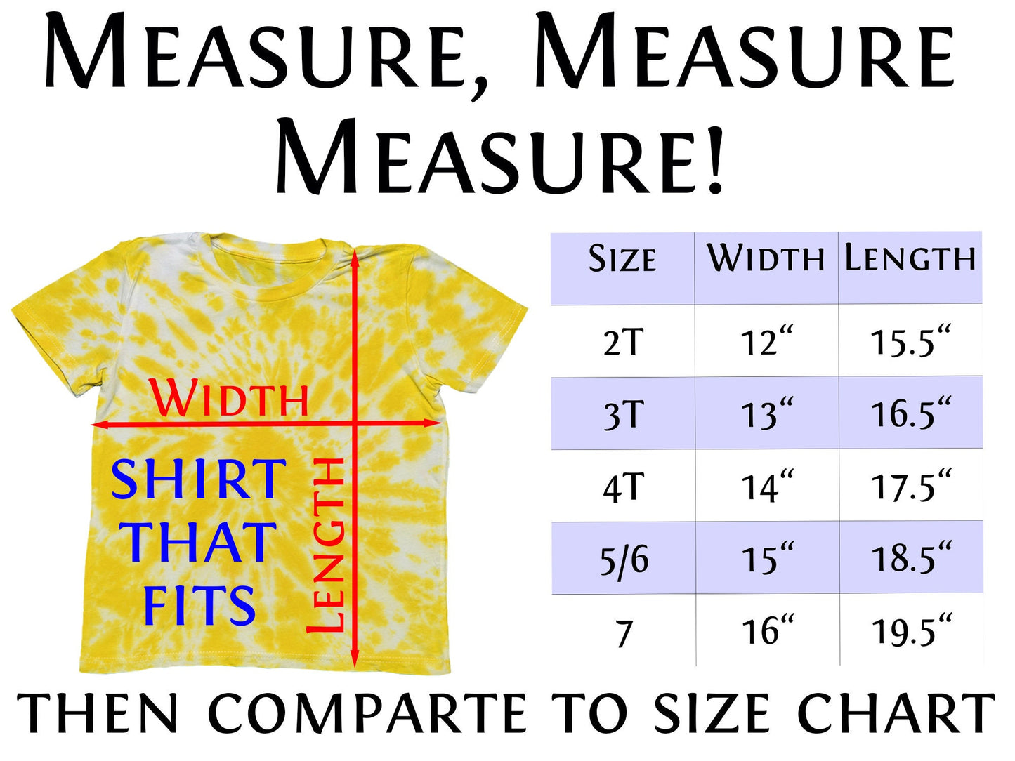 A yellow and white tie dye shirt with a measurement guide showing width and length. A chart shows the size, width, and length of the shirt in inches. The text on the shirt reads: 'SHIRT THAT FITS', 'WIDTH', 'LENGTH'. The text above the chart reads: 'MEASURE, MEASURE, MEASURE!' and below the chart reads: 'THEN COMPARE TO SIZE CHART'.