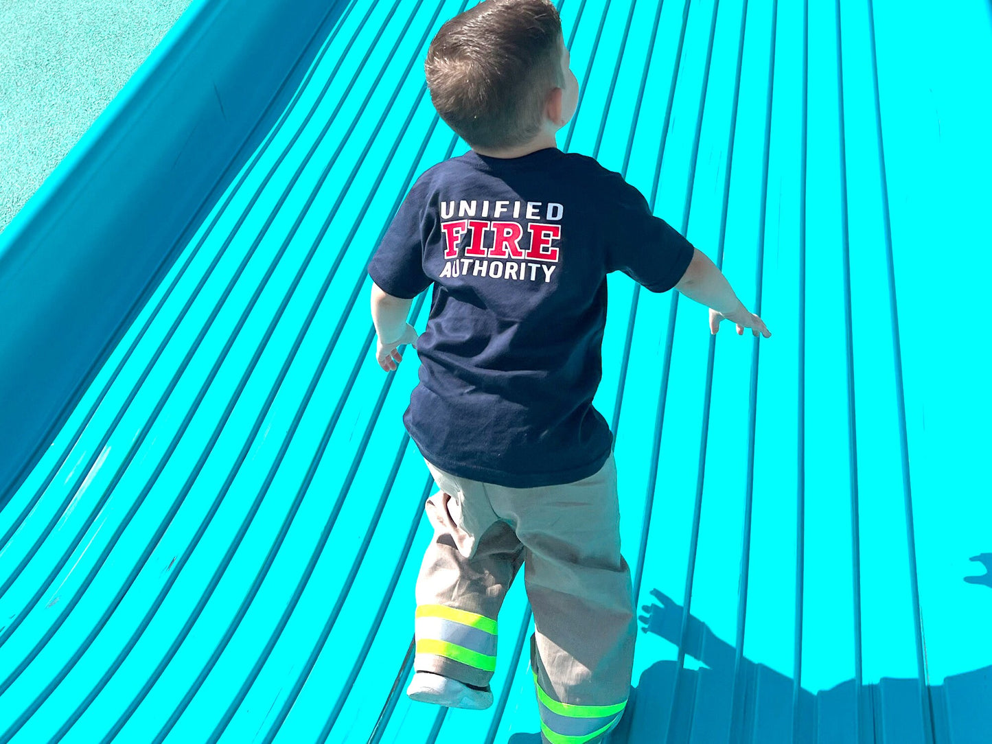 Firefighter Birthday Kids Navy Tee-Shirt and Turnout Pants Outfit - Maltese Cross with age and Name on Front - Fire Department on Back