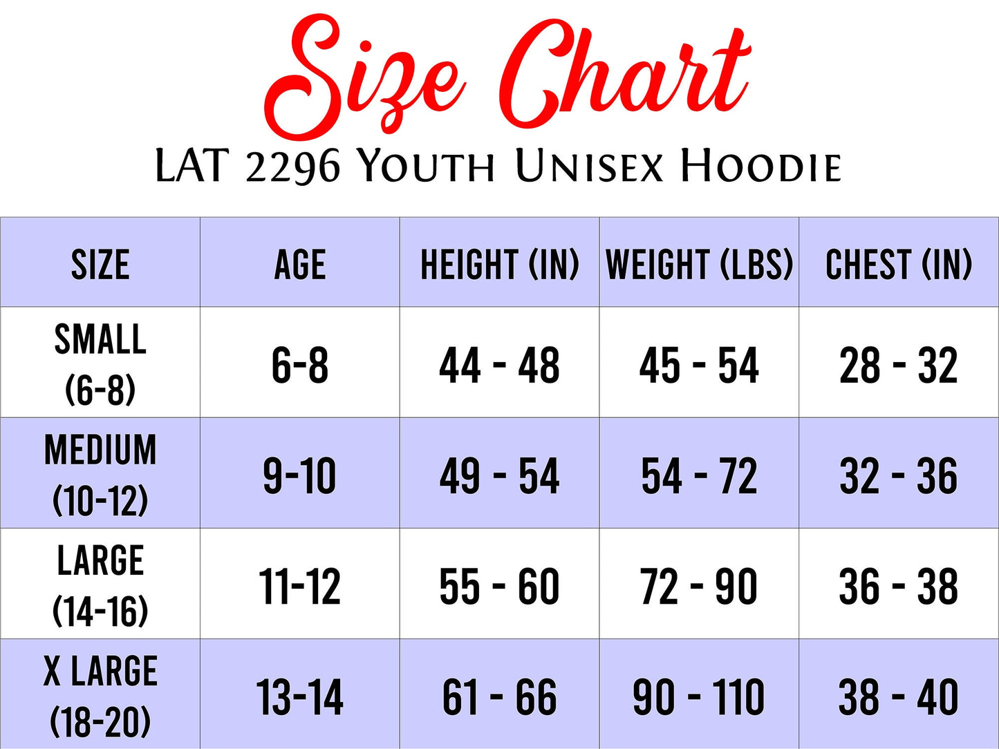 Youth unisex hoodie size chart. The chart displays size, age, height (inches), weight (lbs), and chest (inches). Sizes include small (6-8), medium (10-12), large (14-16), and x-large (18-20). Measurements are provided for each size. The chart has a purple background with white text and red title. LAT 2296 is indicated as the product code.