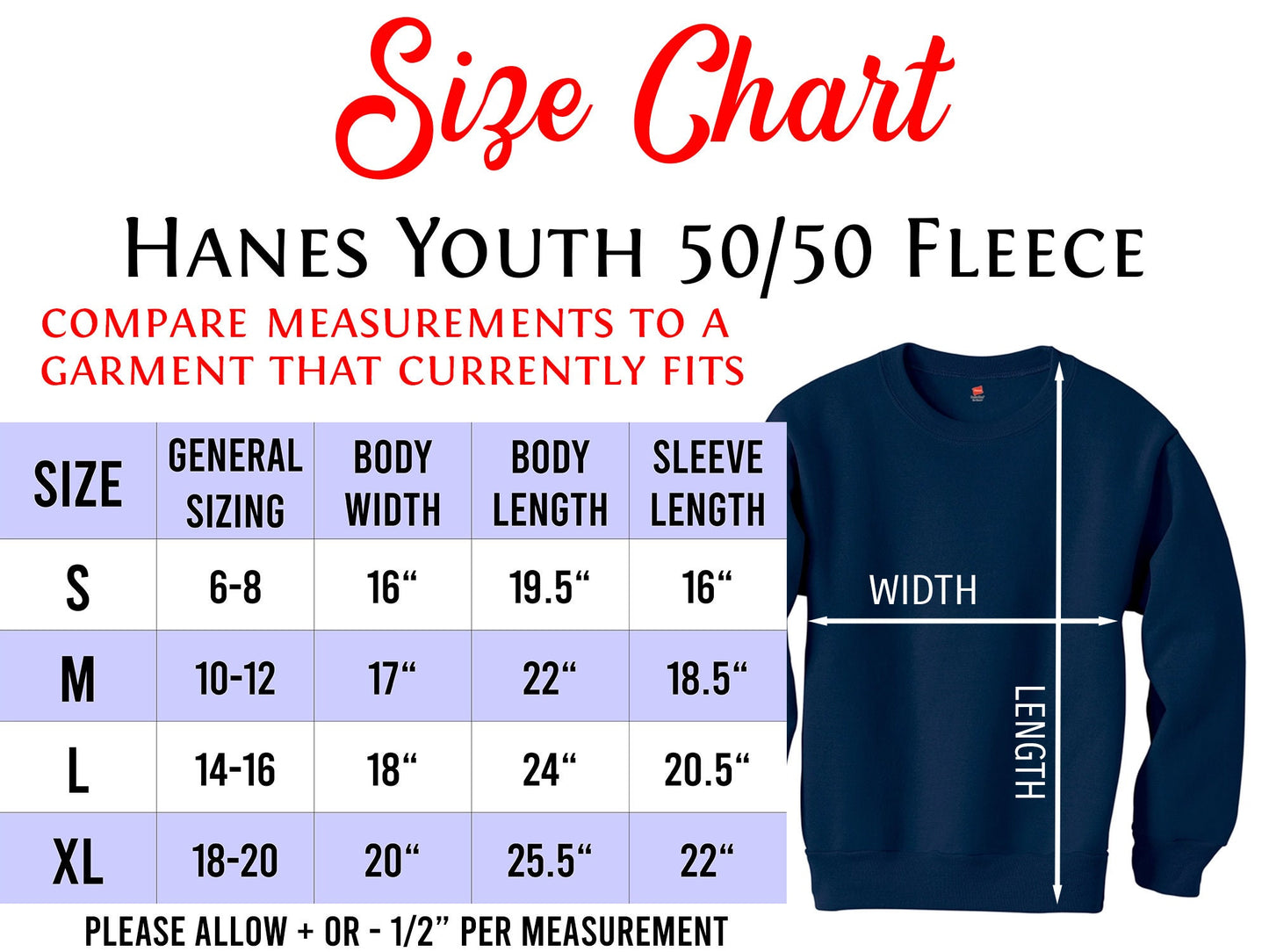 Size chart for Hanes youth 50/50 fleece hoodie. Includes measurements for sizes S, M, L, and XL to aid in ordering the correct size.