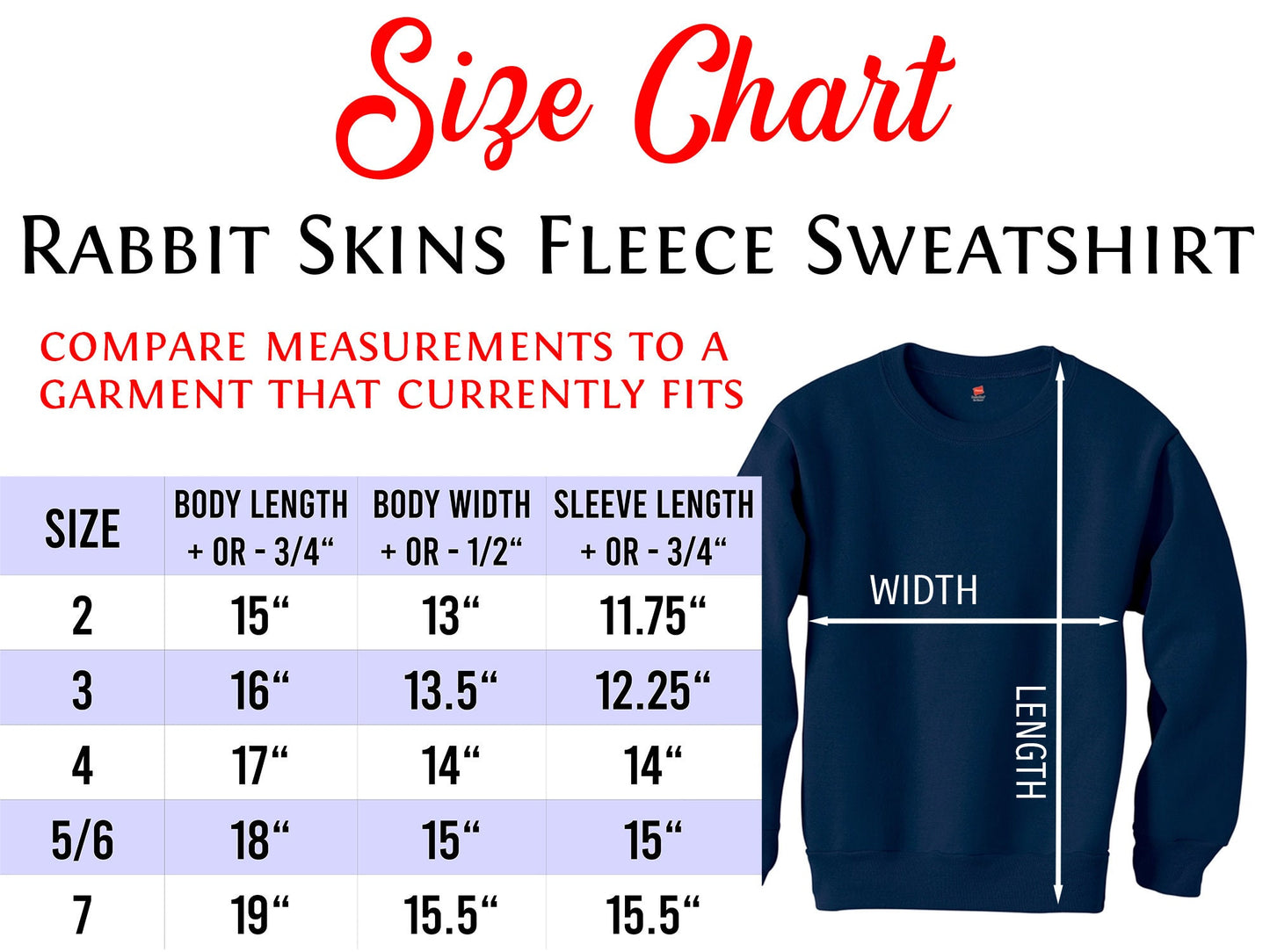 Size chart for Rabbit Skins fleece sweatshirt and a graph to help in choosing the correct size.