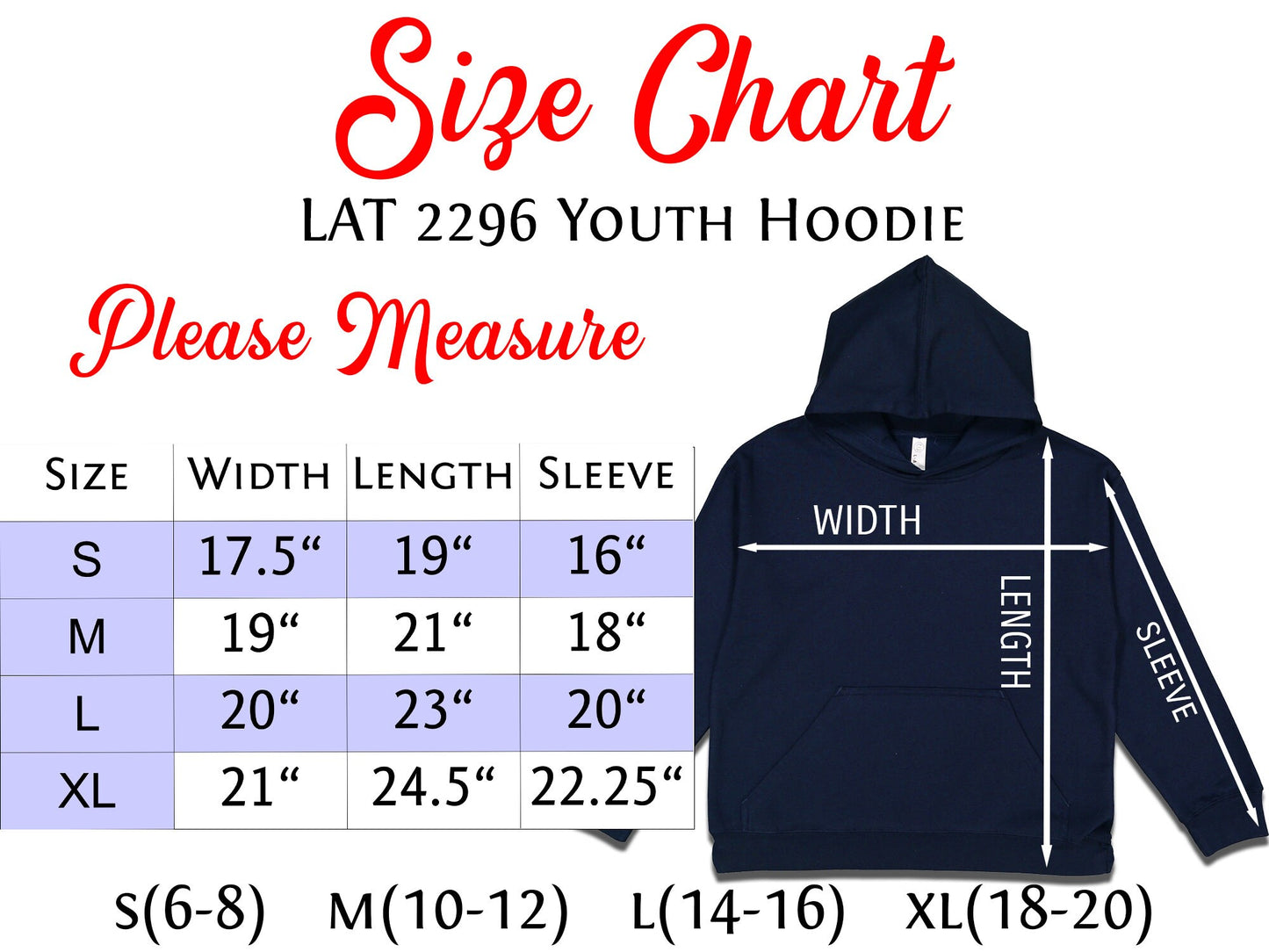 Youth hoodie size chart with navy blue hoodie. Size chart shows width, length, and sleeve length measurements for sizes small, medium, large, and extra-large. Corresponding age ranges are also provided. 'Size Chart', 'LAT 2296 Youth Hoodie', and 'Please Measure' are displayed.
