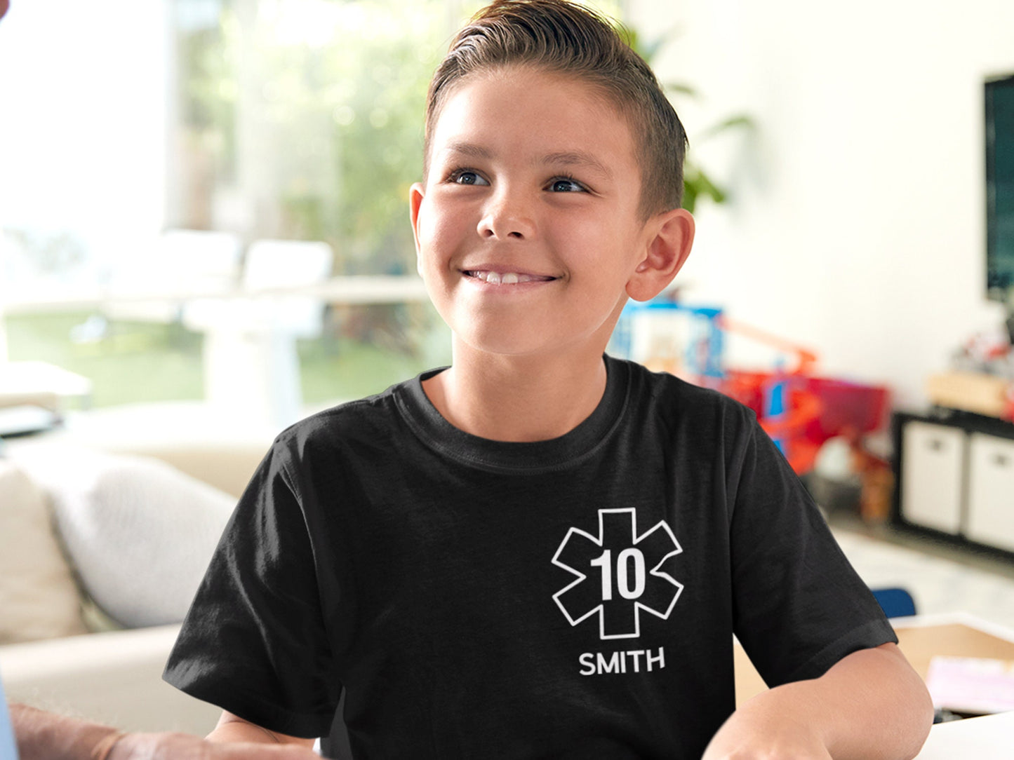 Birthday EMT or EMS Youth T-Shirt with Star of Life, Age and, Name - Optional Name, Department or City on Back