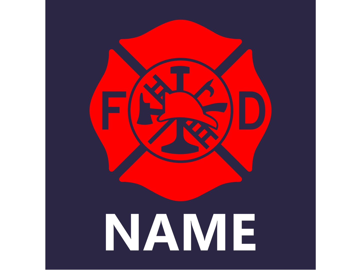 Close-up of the red Maltese Cross emblem with personalized name beneath on the front of the navy blue baby bodysuit