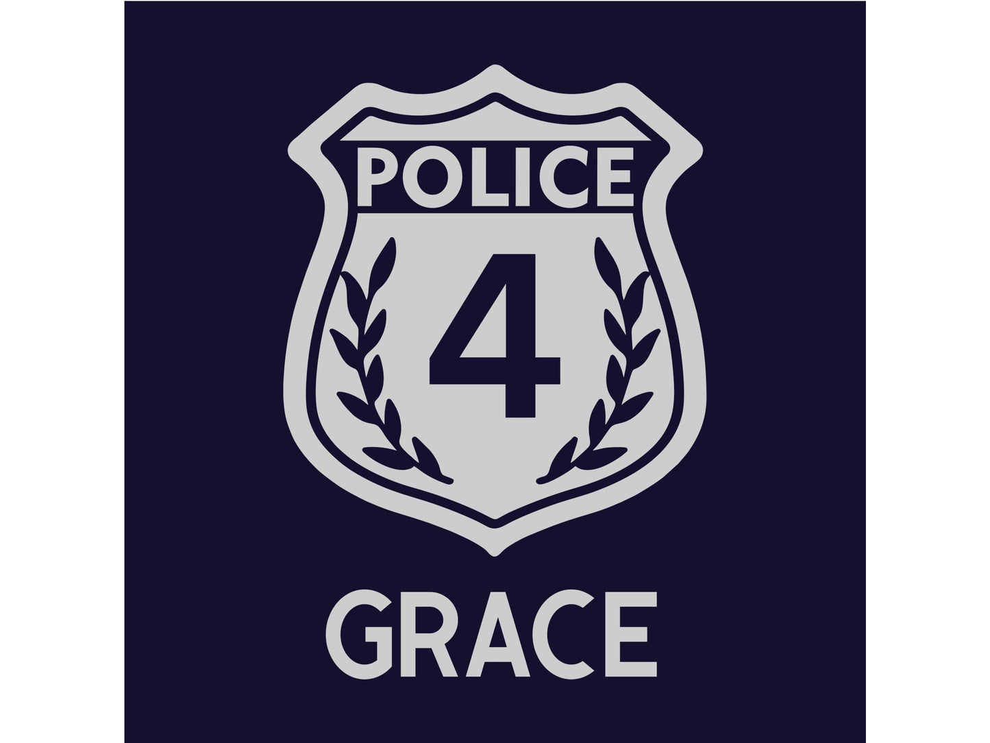 Close up detail of silver police badge containing the number '4' and the name 'Grace' underneath on a navy blue background.