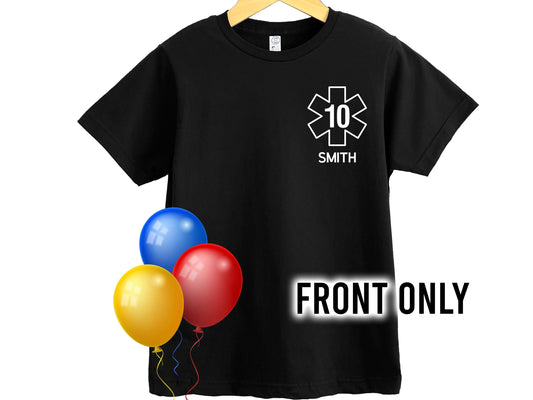 Birthday EMT or EMS Youth T-Shirt with Star of Life, Age and, Name - Optional Name, Department or City on Back