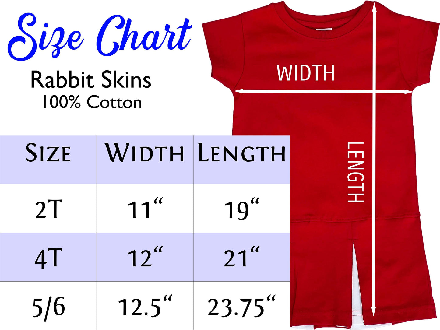 Size chart for rabbit skins cotton short sleeve pleated t-shirt dress. Includes width and length for each size to aid in selecting the correct size.