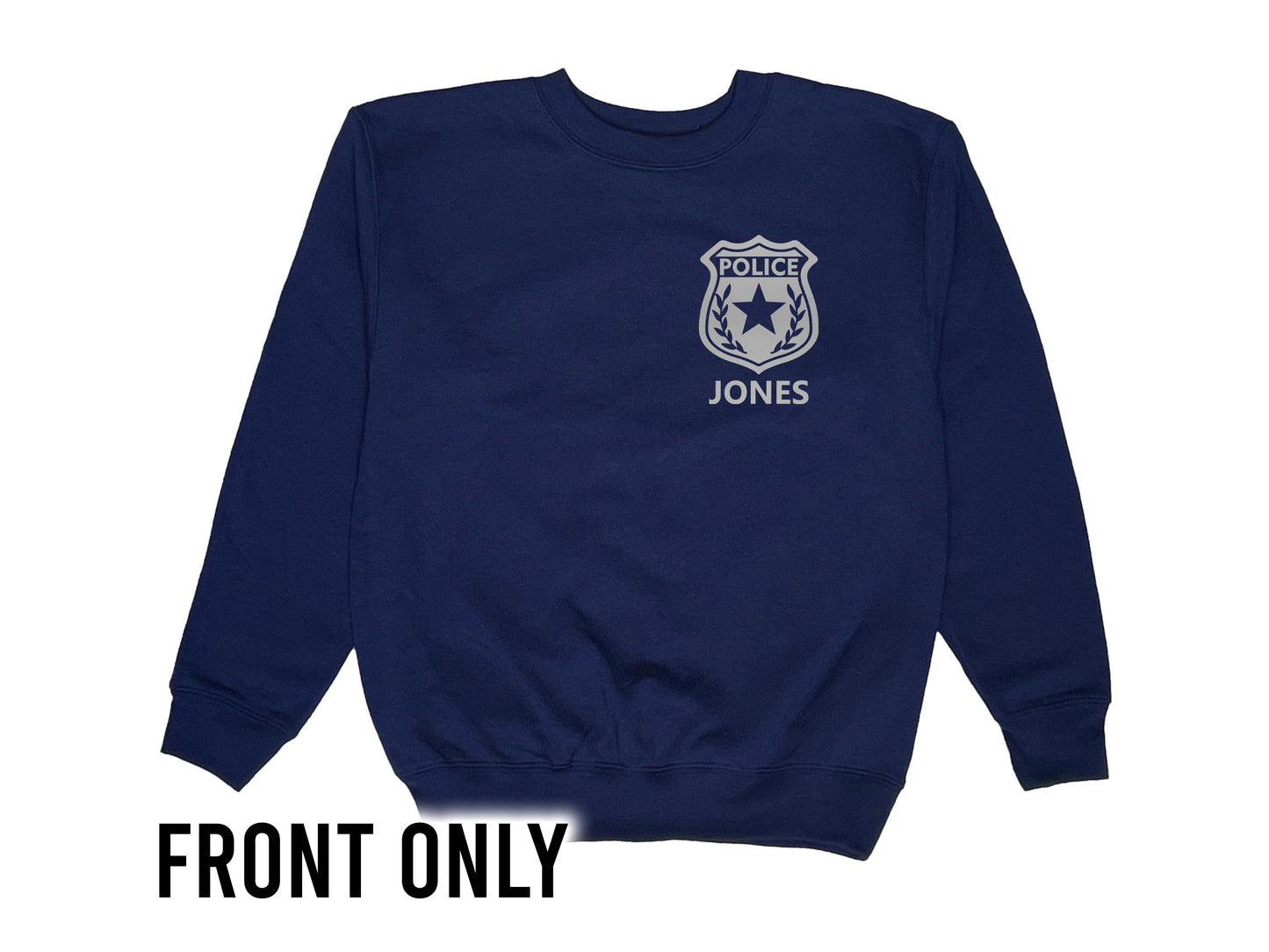 A navy blue youth sweatshirt with a silver police badge design on the front. The badge has a star and the words 'POLICE' and 'DILLON' is written underneath in silver text.
