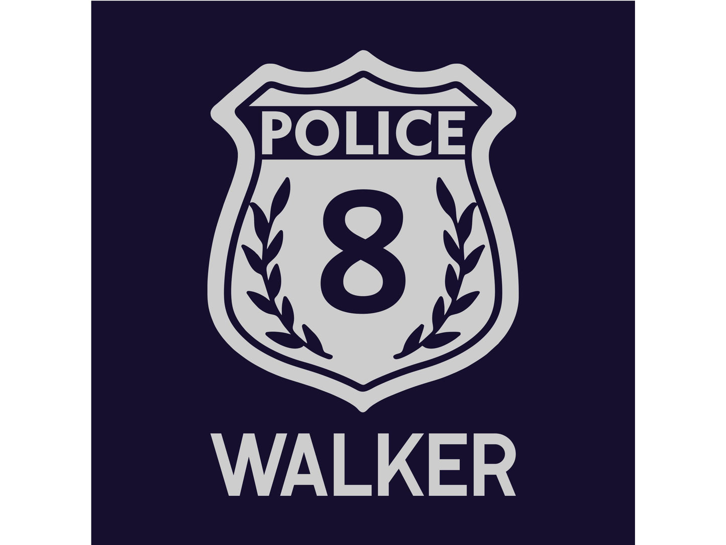 Closeup detail of a silver police badge with the number 8 in the middle and the name 'WALKER' underneath on a navy blue background.