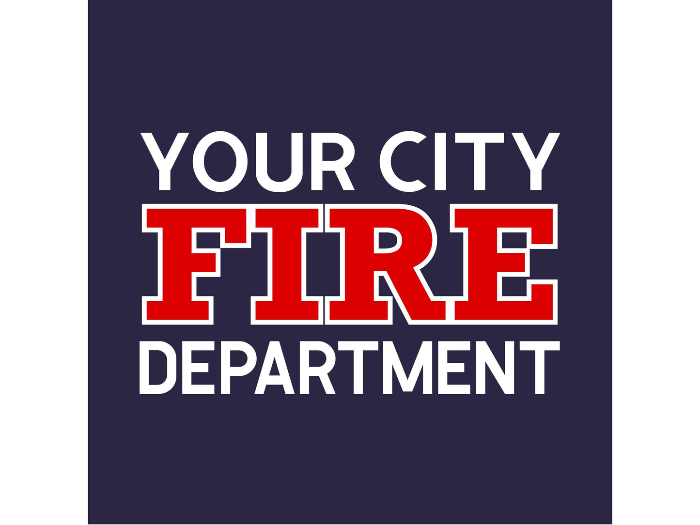 Closeup of custom fire department text in white and red on a navy blue background.