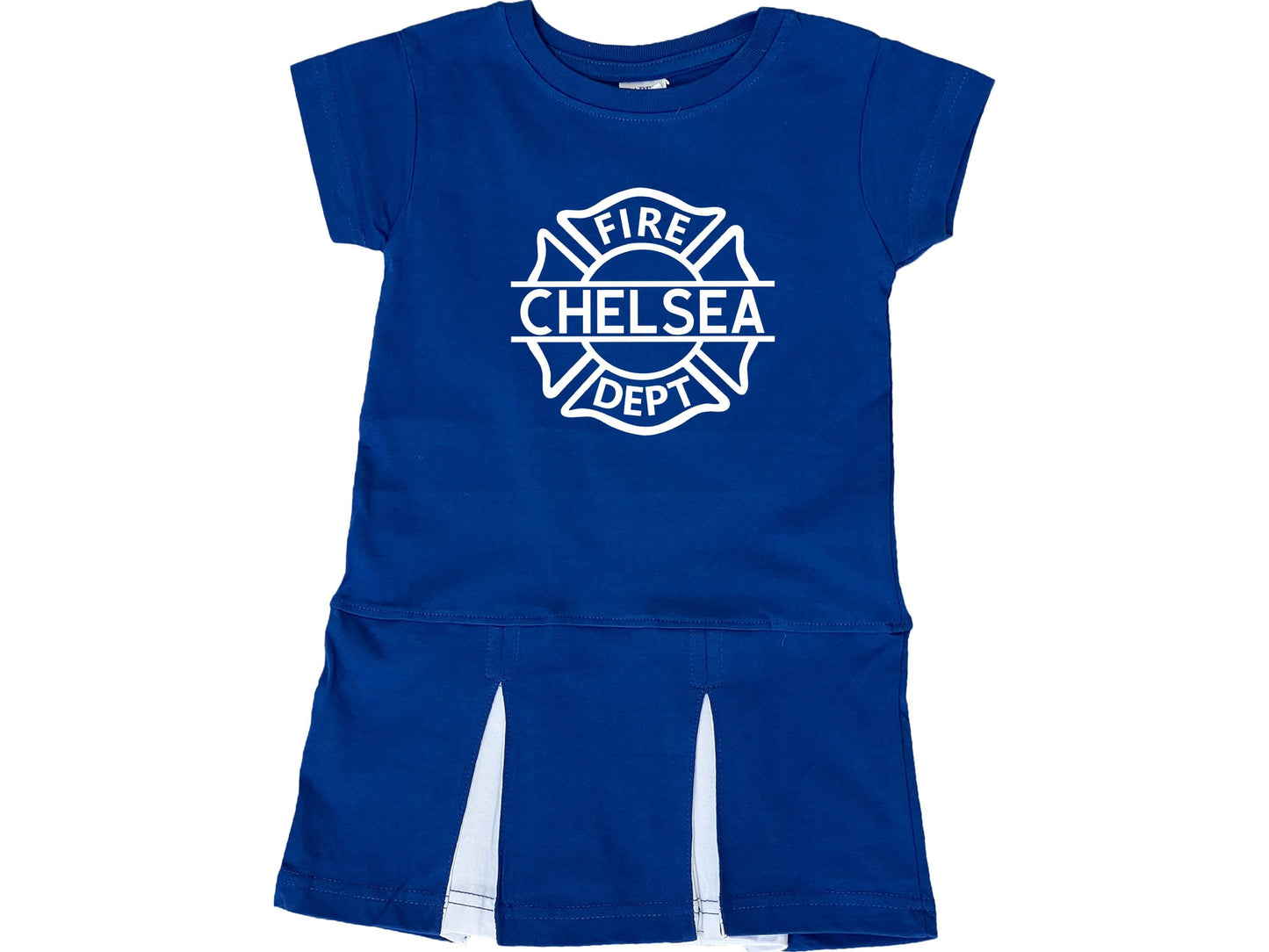 Royal blue short sleeve pleated dress with white Maltese cross that says fire dept and custom make through the center.