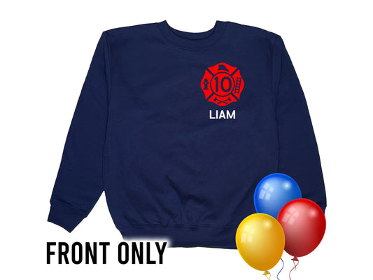 Front view of navy blue crew neck sweatshirt with red Maltese cross on left chest. The number 10 is in the middle of the emblem and the name Liam underneath in white text.