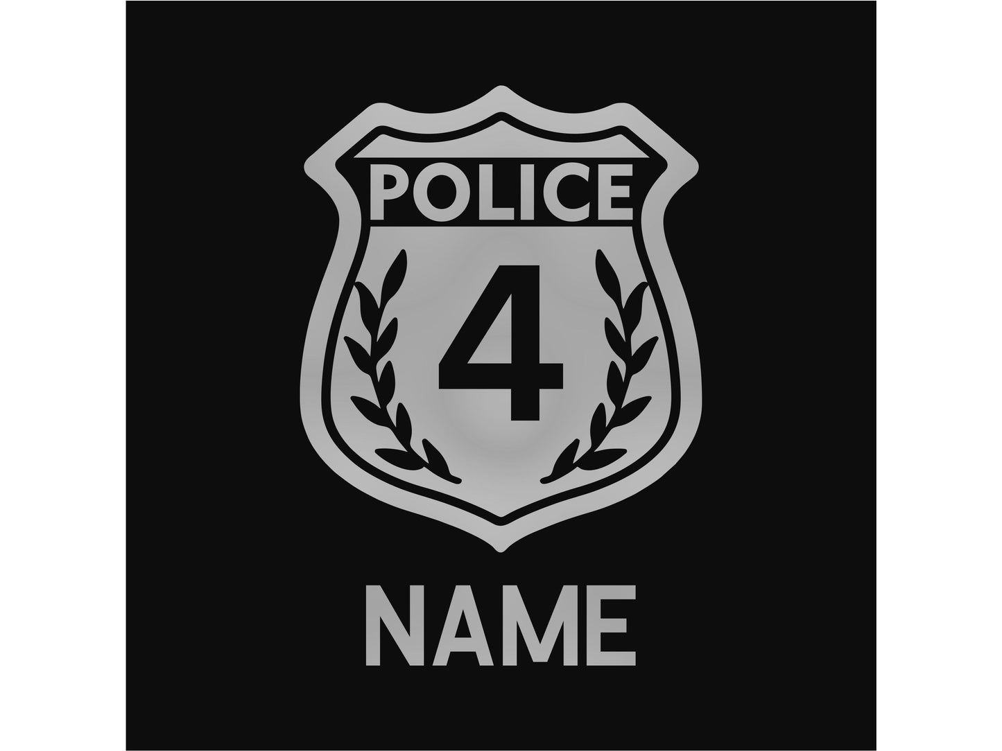 Closeup detail of silver police badge with the number 4 and 'Name' underneath in silver text.