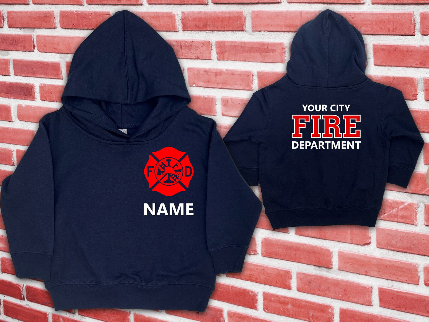 Firefighter Navy Toddler Hoodie with Maltese Cross and Personalized Name - Optional Fire Department on Back