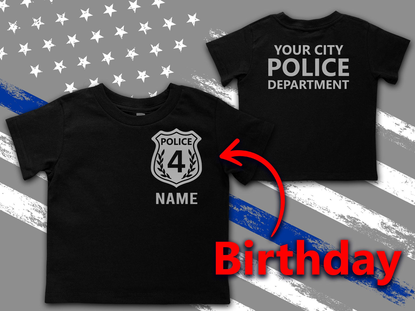 Black Police Birthday Toddler T-Shirt w/ Badge and Personalized Name - Includes Child's Age - Opt. Police Department or Other Text on Back