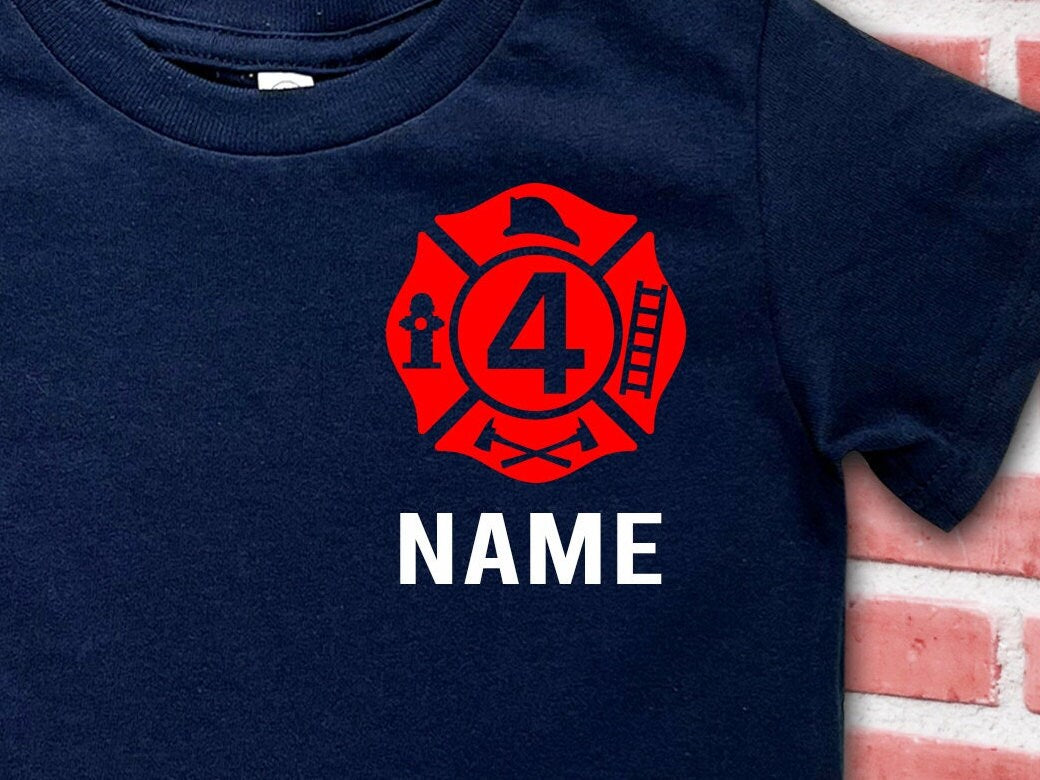 Navy Birthday Firefighter Toddler T-Shirt with Maltese Cross and Child's Age Plus Personalized Name - Optional Fire Department on Back