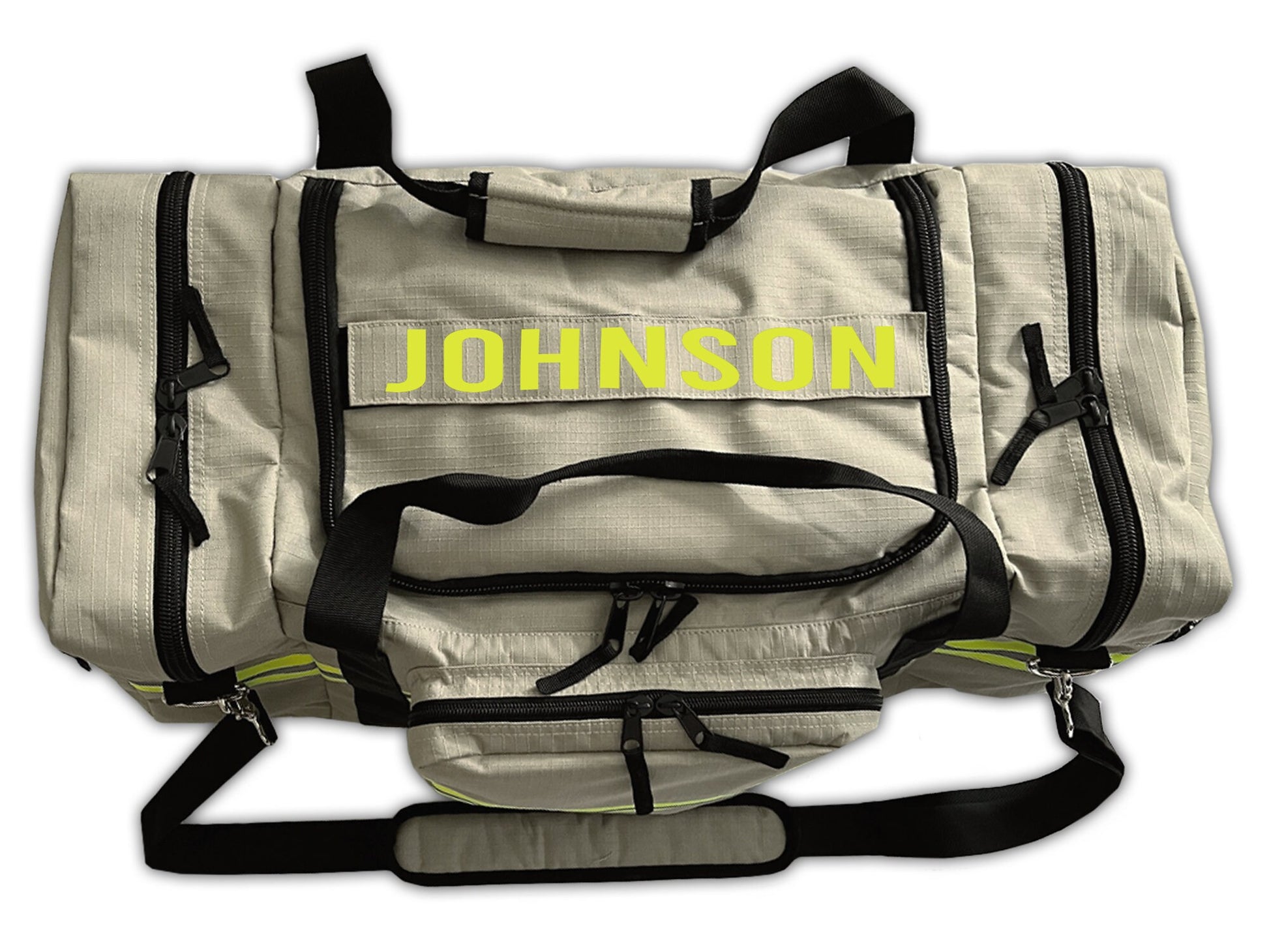 Personalized Firefighter Gym Bag or Station Bag in Tan with Your Name or Custom Text