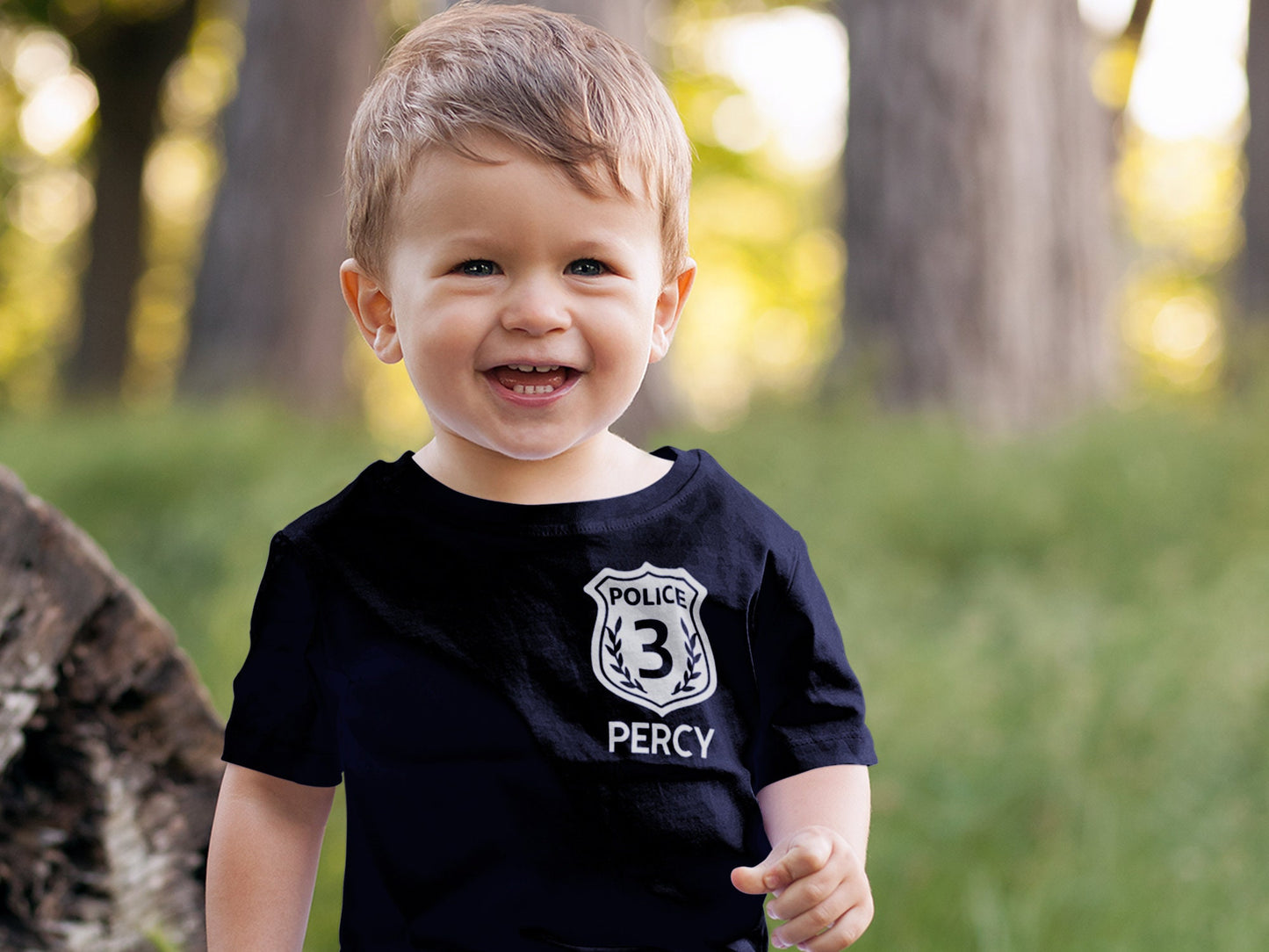 Black Police Birthday Toddler T-Shirt w/ Badge and Personalized Name - Includes Child's Age - Opt. Police Department or Other Text on Back