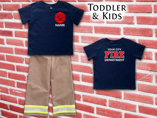 Firefighter Toddler Navy Tee-Shirt and Khaki Turnout Pants - Maltese Cross and Name on Front - Fire Department on Back - Optional Birthday