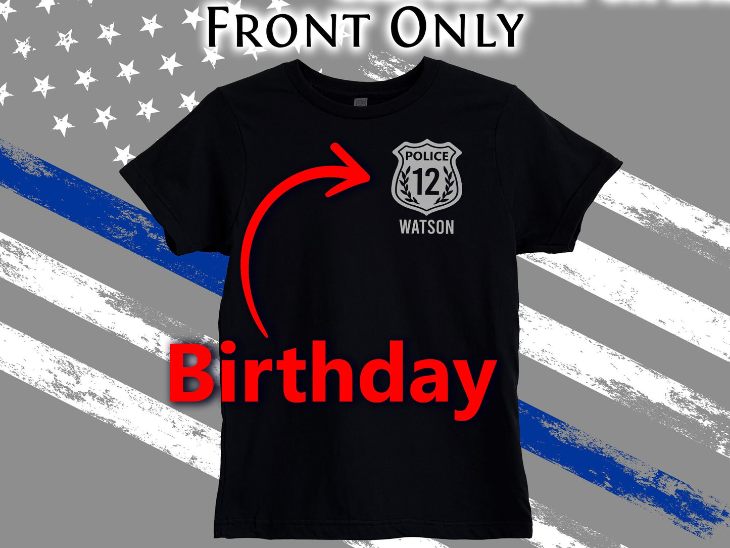 Black Police Youth Birthday T-Shirt with Badge and Personalized Name - Includes Child's Age - Optional Police Department on Back