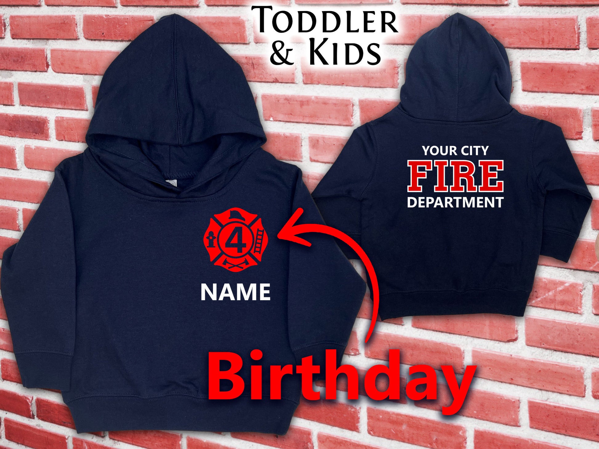 Birthday Firefighter Navy Toddler Hoodie with Maltese Cross and Your Child's Age and Personalized Name - Optional Fire Department on Back