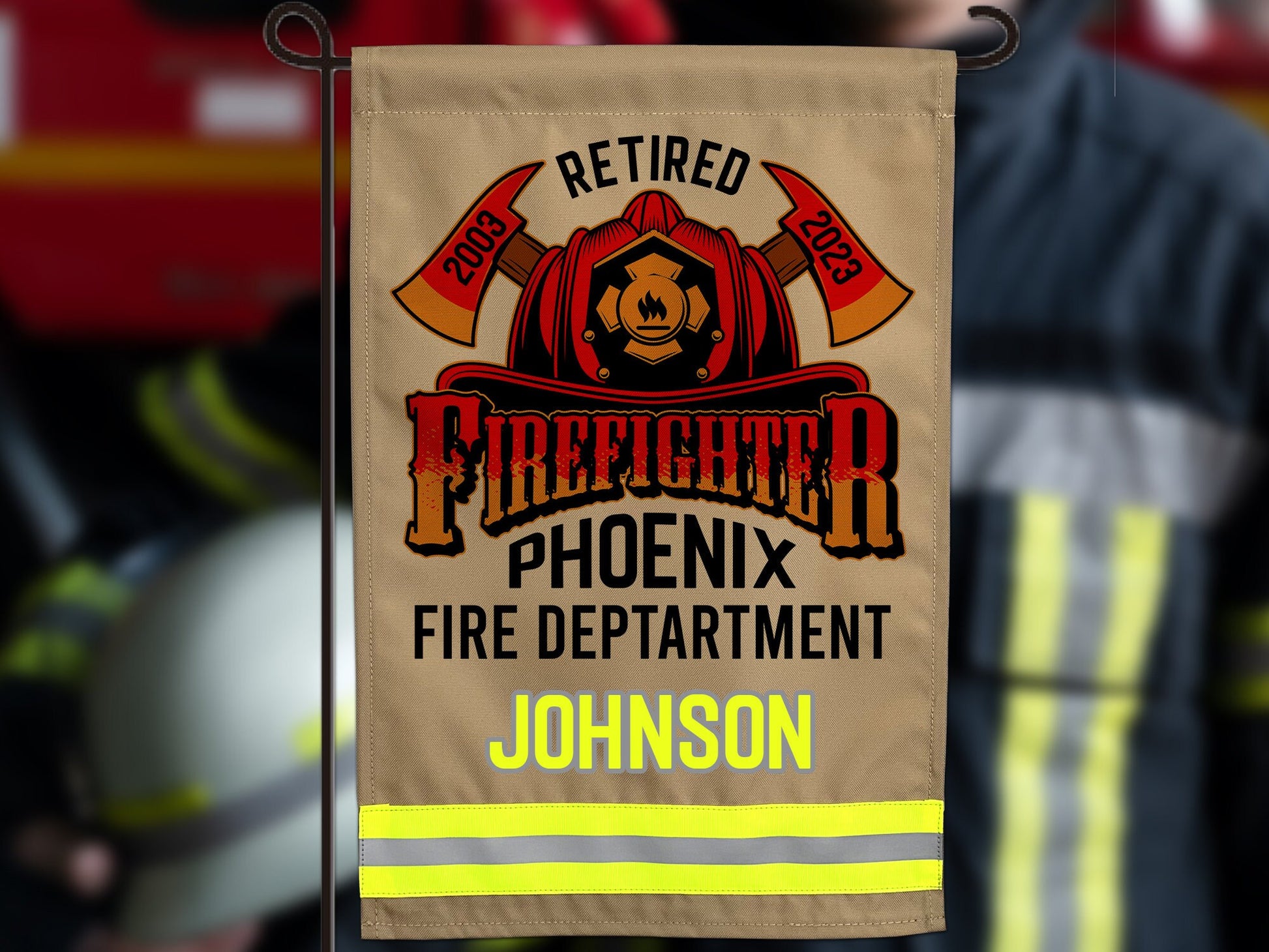 Retired Firefighter Garden Flag with Dates, Department Name and Last Name - Personalized Just for You