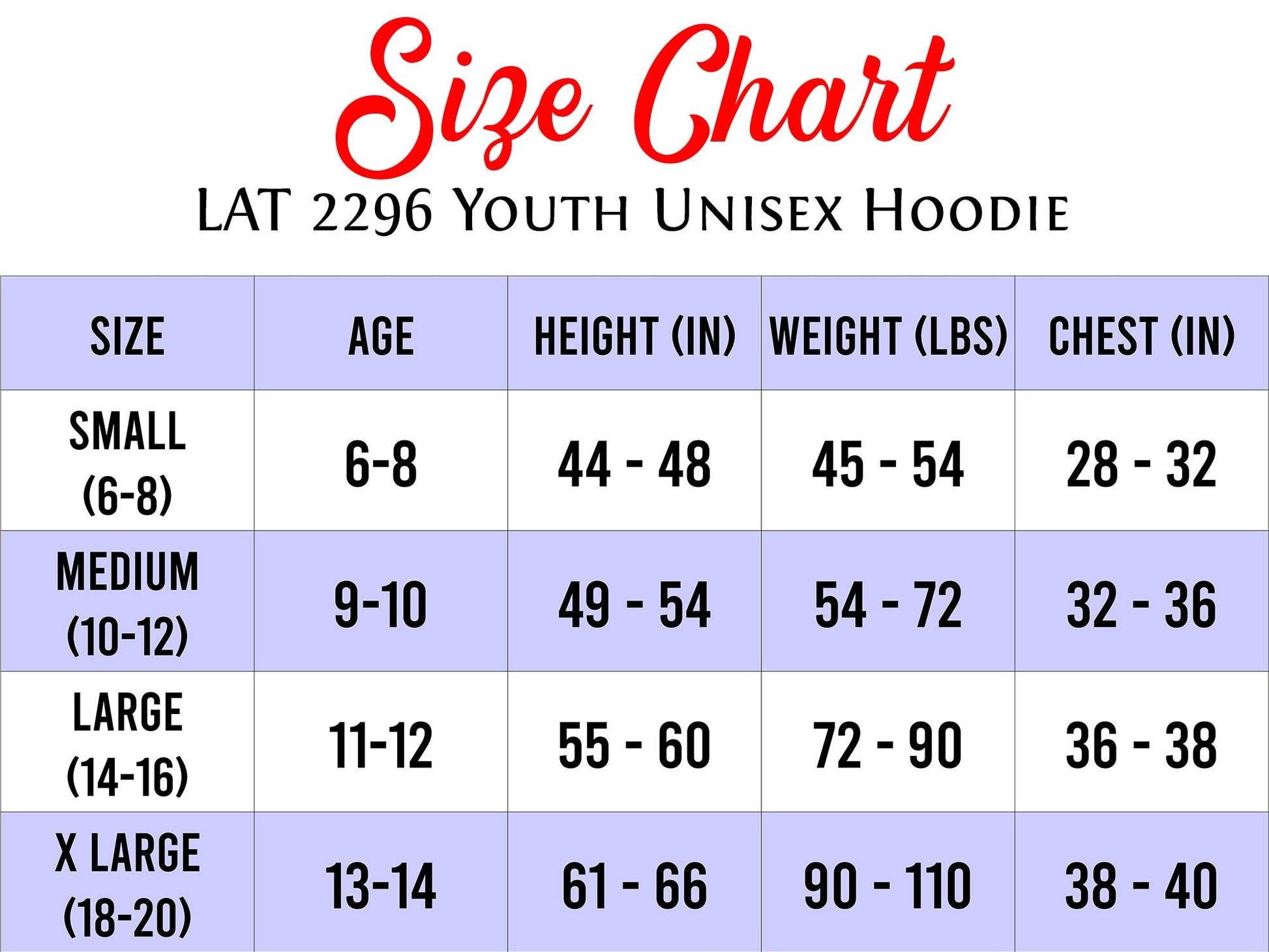 Youth unisex hoodie size chart.  The chart displays size, age, height (inches), weight (lbs), and chest (inches). Sizes include small (6-8), medium (10-12), large (14-16), and x-large (18-20).  Measurements are provided for each size. The chart has a purple background with white text and red title. LAT 2296 is indicated as the product code.
