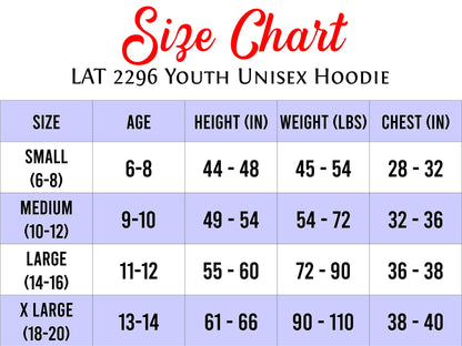 Youth unisex hoodie size chart.  The chart displays size, age, height (inches), weight (lbs), and chest (inches). Sizes include small (6-8), medium (10-12), large (14-16), and x-large (18-20).  Measurements are provided for each size. The chart has a purple background with white text and red title. LAT 2296 is indicated as the product code.
