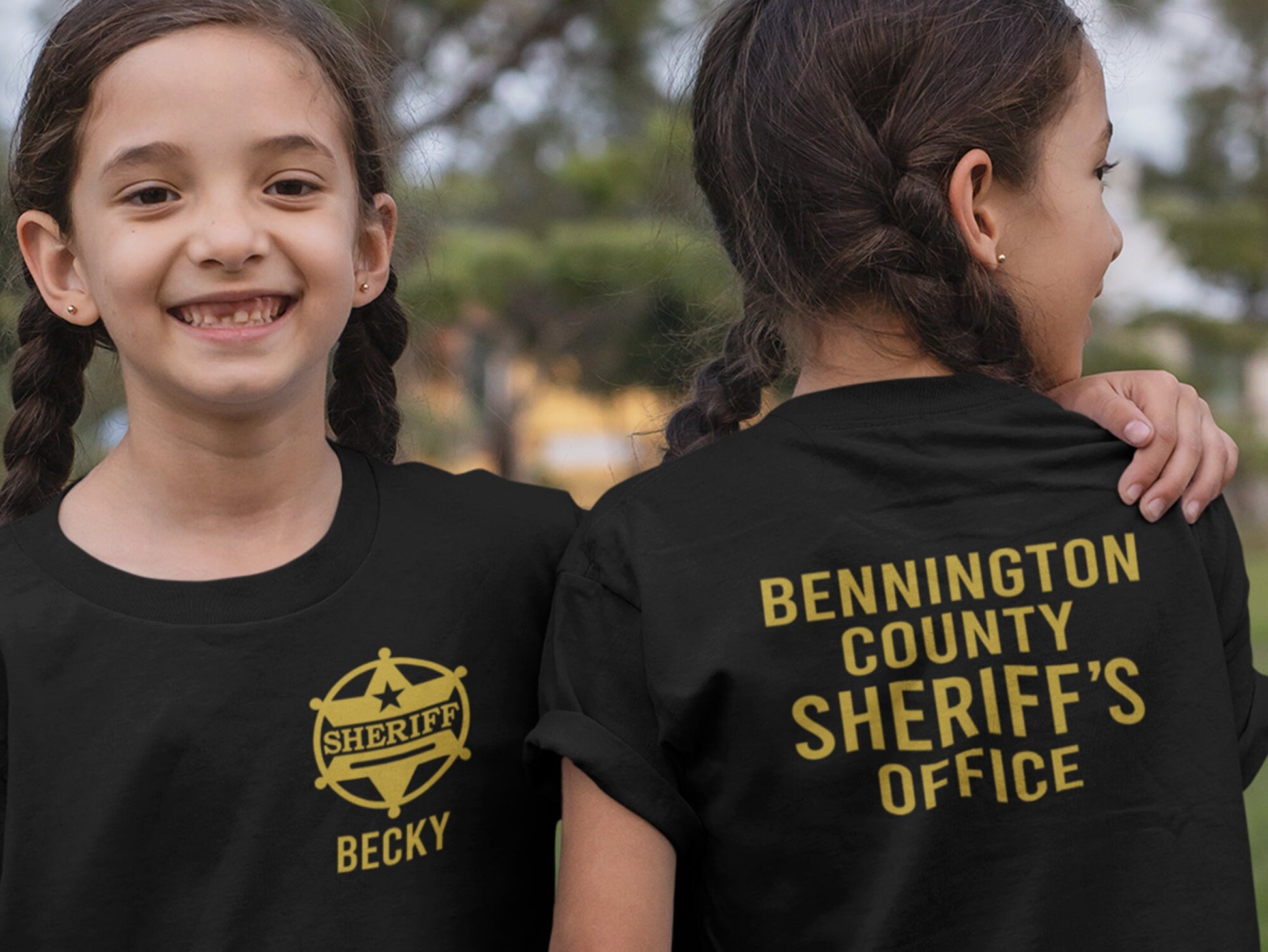 Sheriff Black Youth T-Shirt with Badge and Personalized Name - Optional Sheriff's Office or Other Text on Back