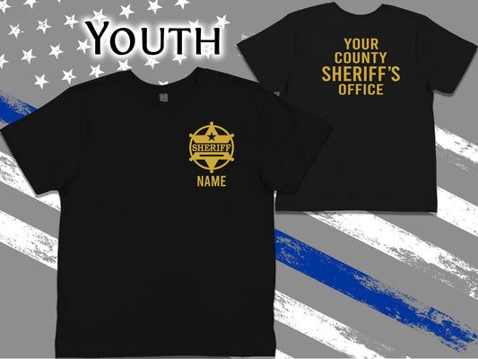 Sheriff Black Youth T-Shirt with Badge and Personalized Name - Optional Sheriff's Office or Other Text on Back