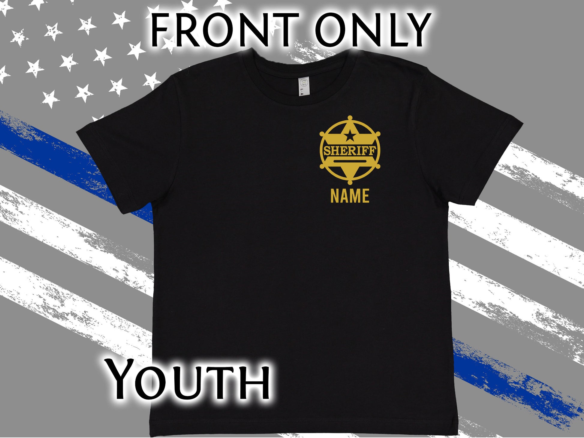 Sheriff Black Youth T-Shirt with Badge and Personalized Name - Optional Sheriff's Office or Other Text on Back