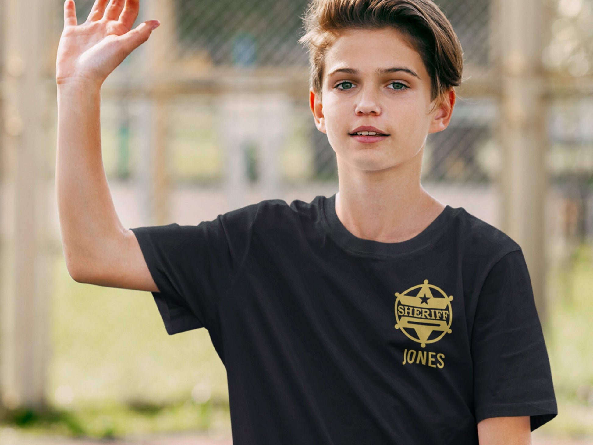 Sheriff Black Youth T-Shirt with Badge and Personalized Name - Optional Sheriff's Office or Other Text on Back