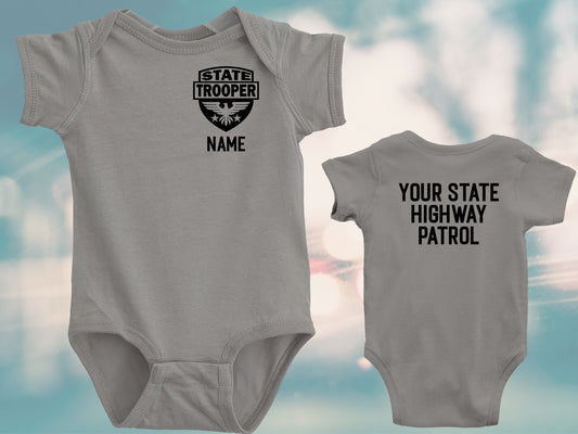 State Trooper Gray Infant Bodysuit with Badge and Personalized Name - Optional Highway Patrol Name on Back