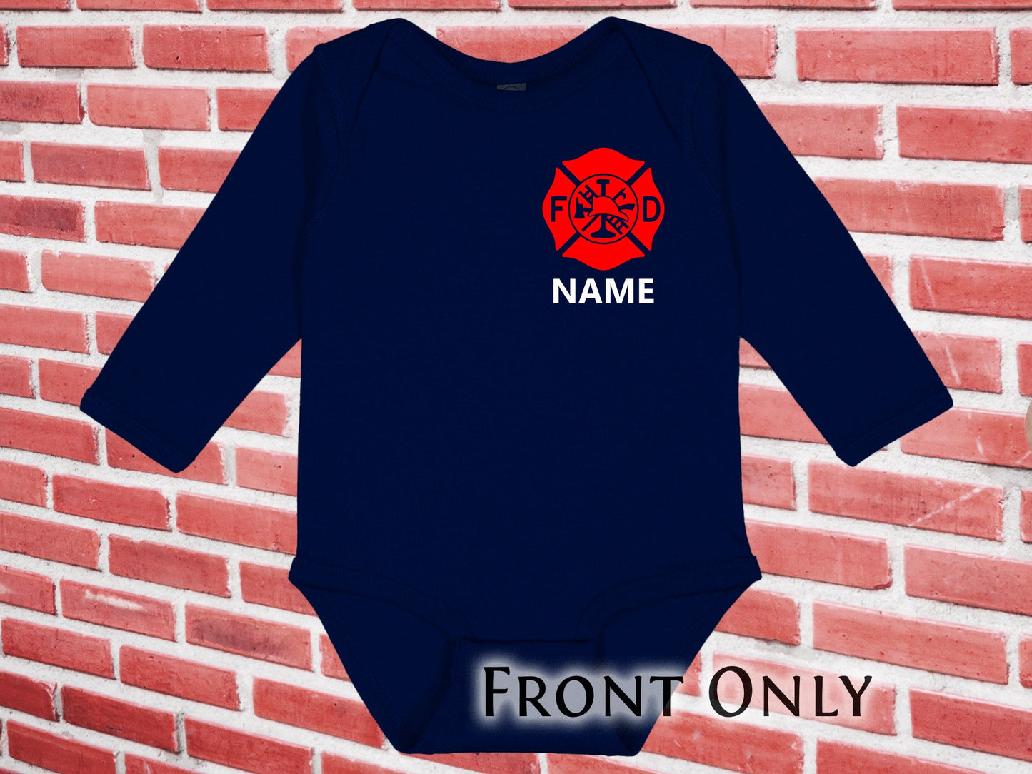 Firefighter Navy Infant Long Sleeve Bodysuit with Maltese Cross and Personalized Name - Optional Fire Department on Back