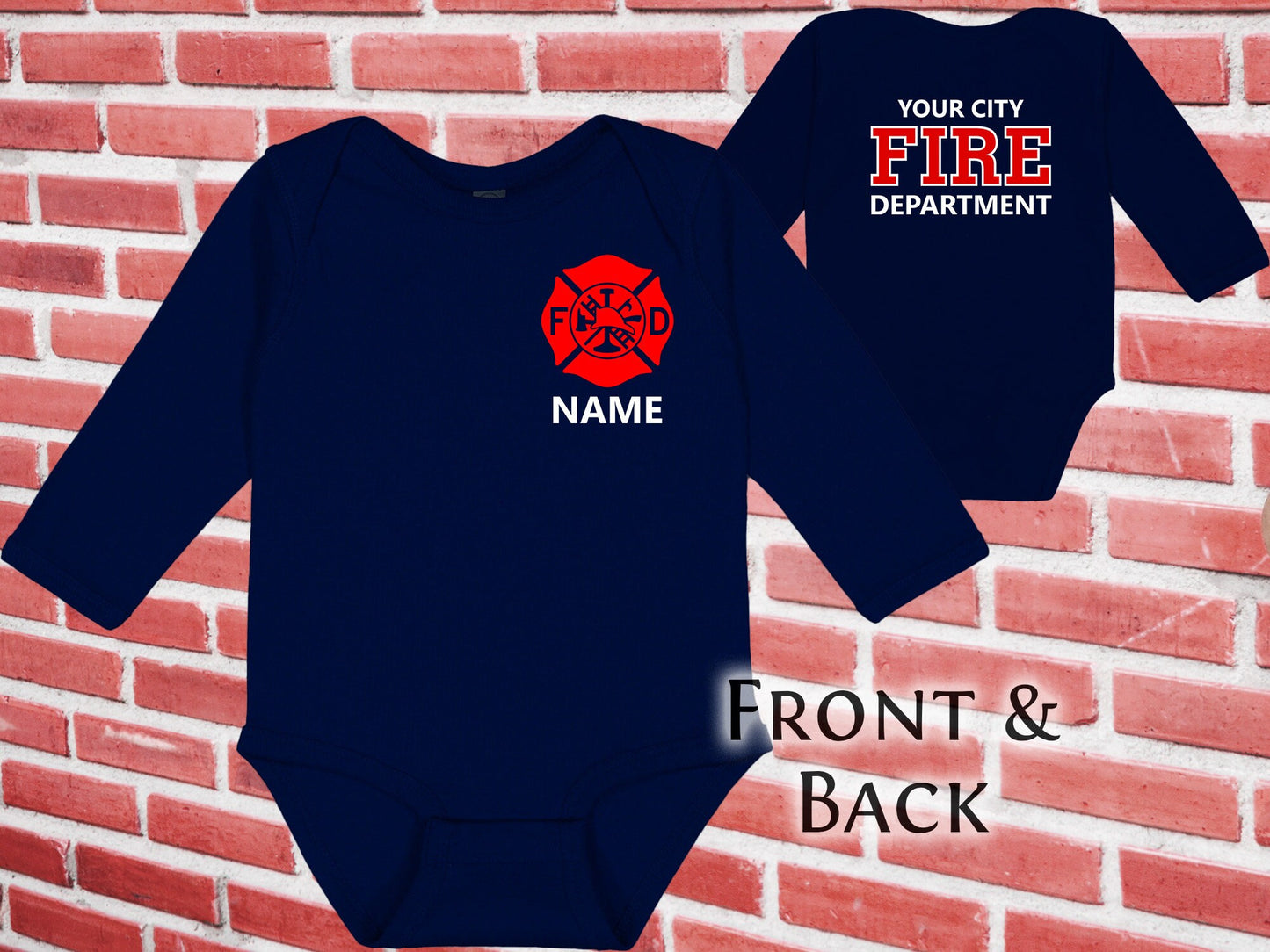 Firefighter Navy Infant Long Sleeve Bodysuit with Maltese Cross and Personalized Name - Optional Fire Department on Back