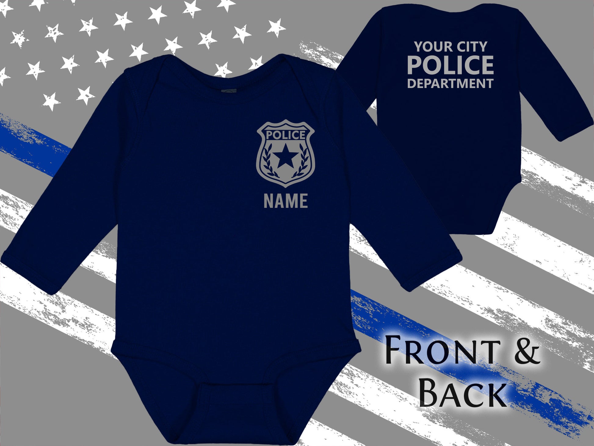 Police Navy Infant Long Sleeve Bodysuit with Badge and Personalized Name - Optional Police Department on Back