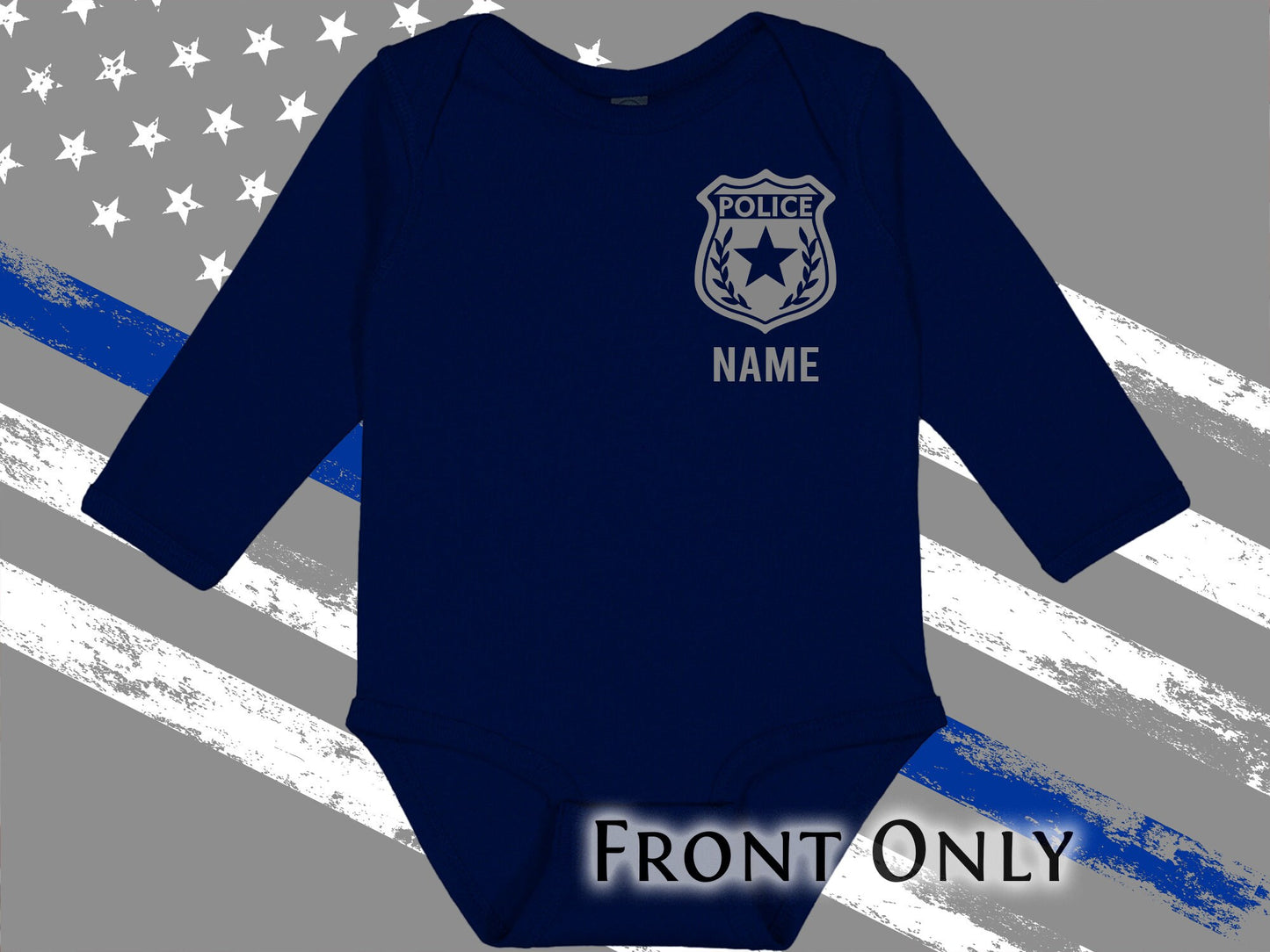 Police Navy Infant Long Sleeve Bodysuit with Badge and Personalized Name - Optional Police Department on Back