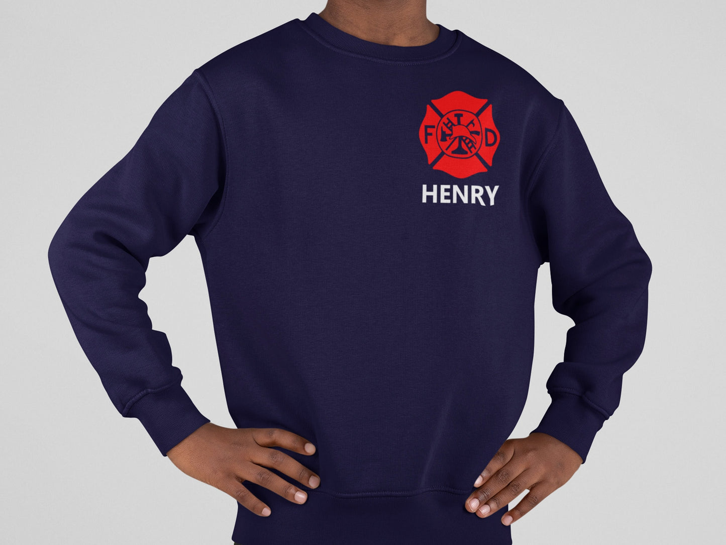 Firefighter Youth Crew Neck Sweatshirt with Maltese Cross and Personalized Name - Optional Fire Department on Back