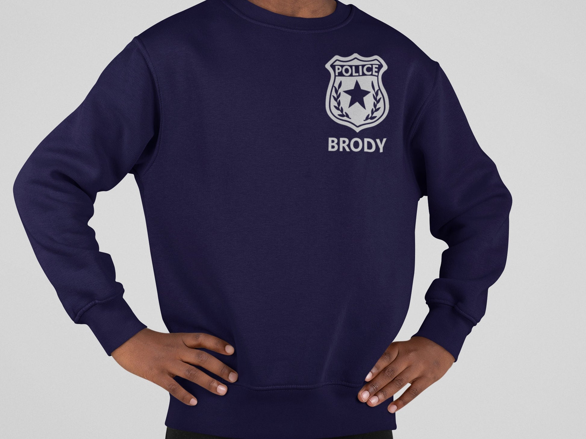 Police Youth Crew Neck Sweatshirt with Badge and Personalized Name - Optional Police Department on Back