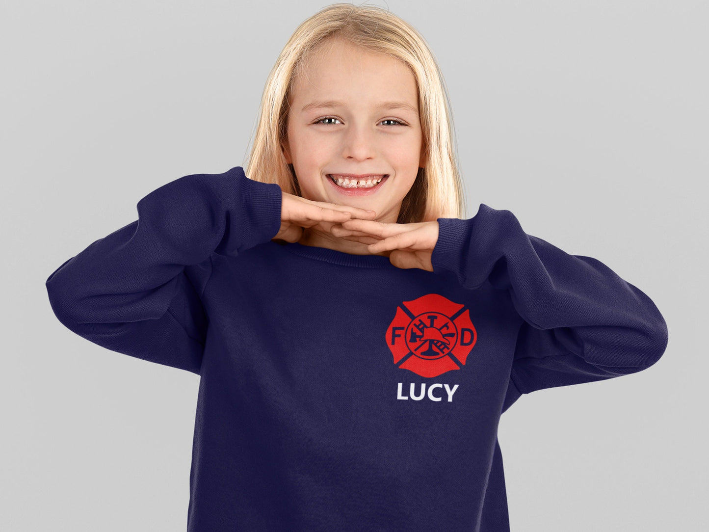 Firefighter Toddler Crew Neck Sweatshirt with Maltese Cross and Personalized Name - Optional Fire Department on Back