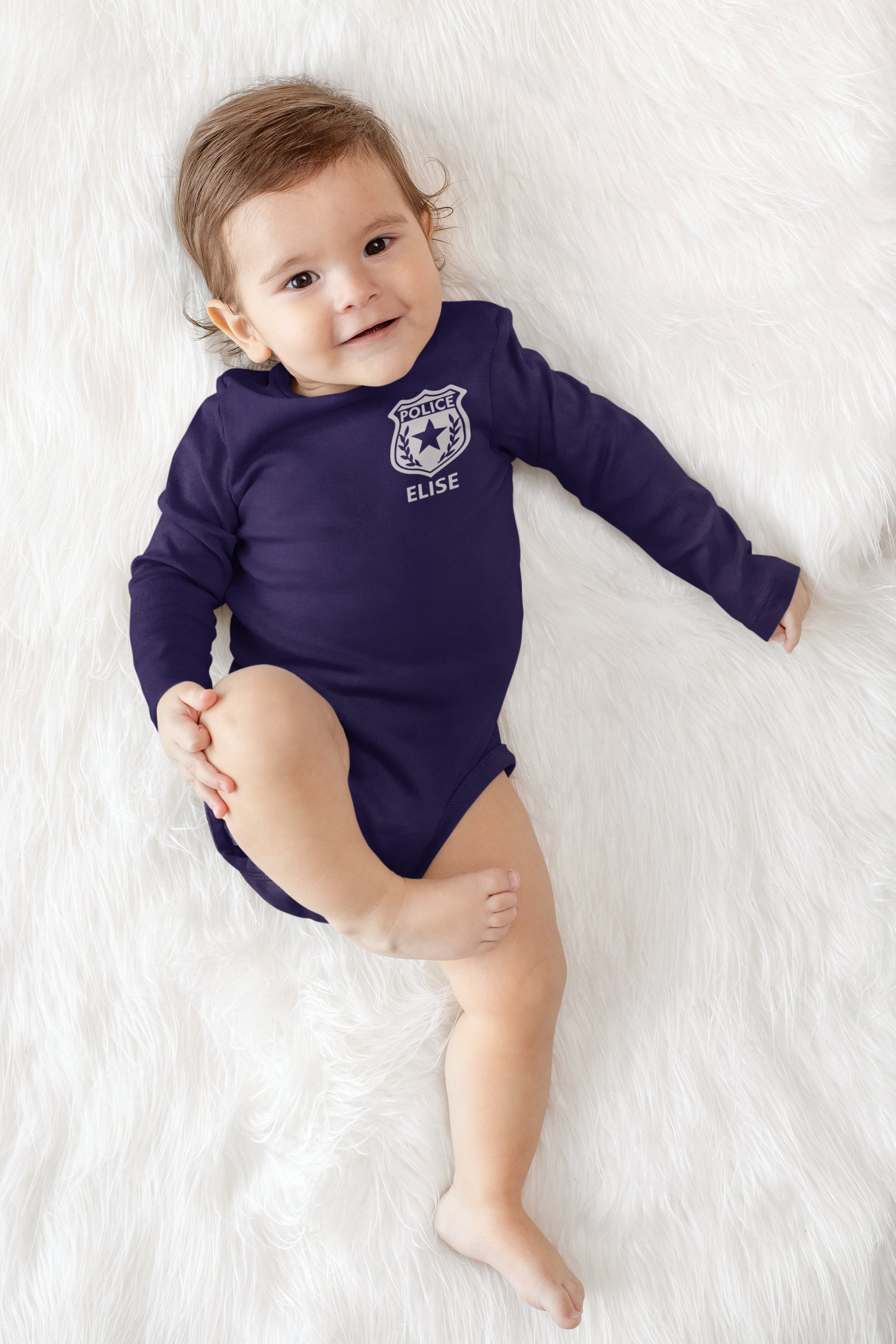 Police Navy Infant Long Sleeve Bodysuit with Badge and Personalized Name - Optional Police Department on Back