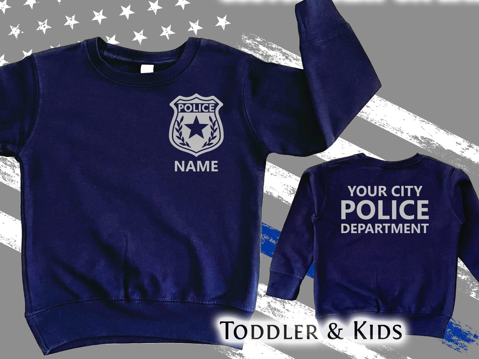 Police Toddler Crew Neck Sweatshirt with Badge and Personalized Name - Optional Police Department on Back