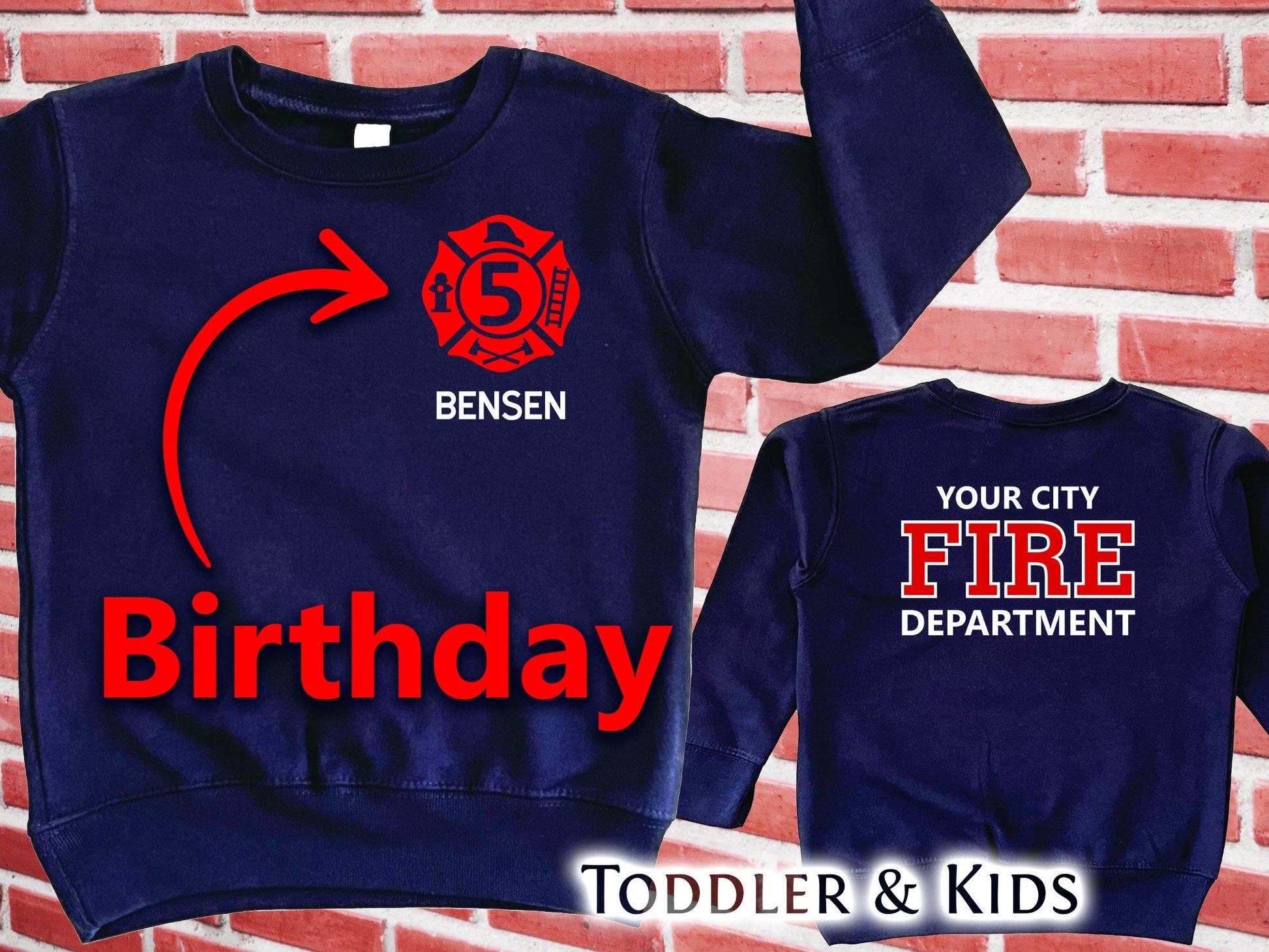 Birthday Firefighter Toddler Crew Neck Sweatshirt with Maltese Cross and Personalized Name - Optional Fire Department on Back