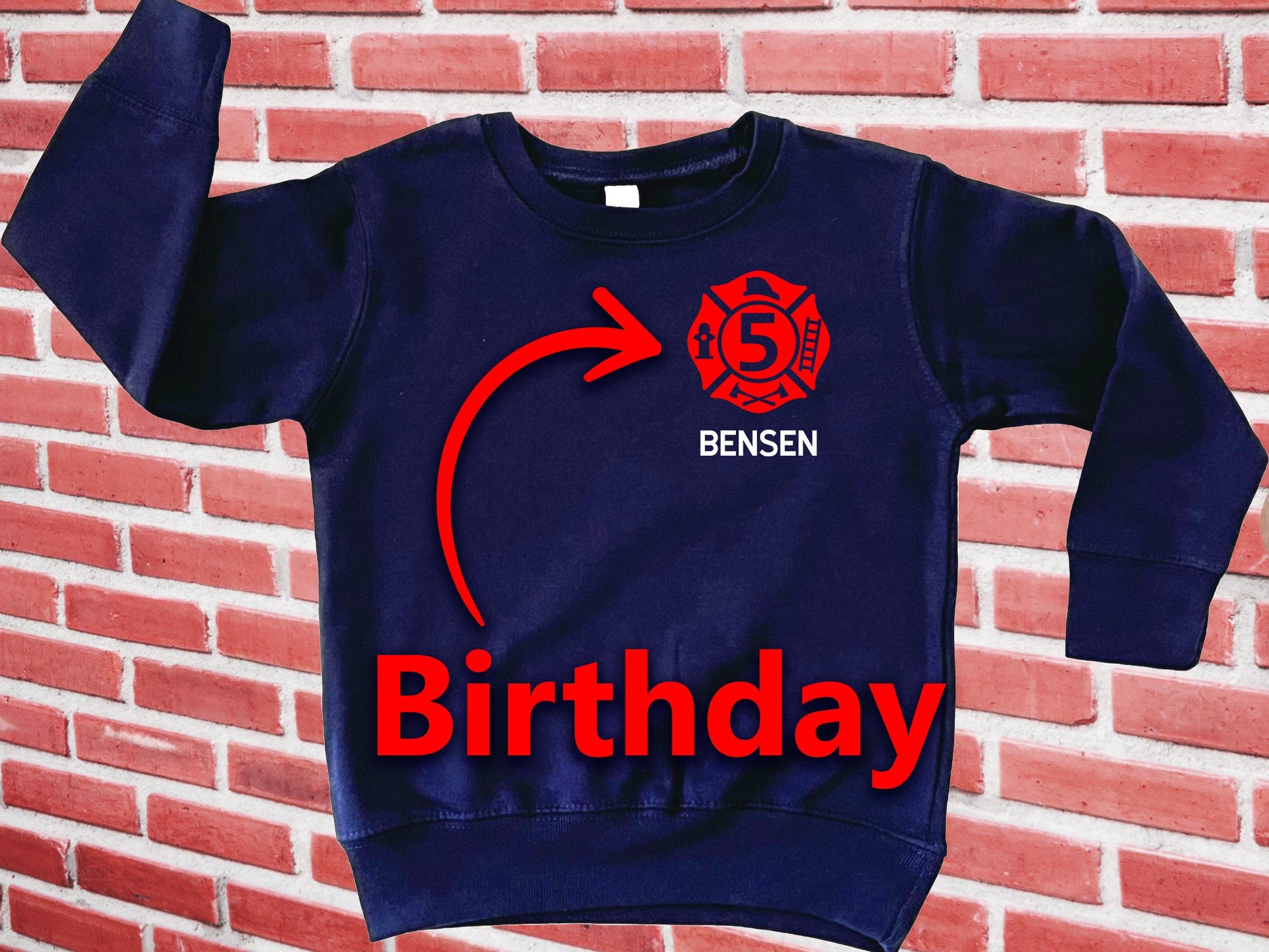 Birthday Firefighter Toddler Crew Neck Sweatshirt with Maltese Cross and Personalized Name - Optional Fire Department on Back