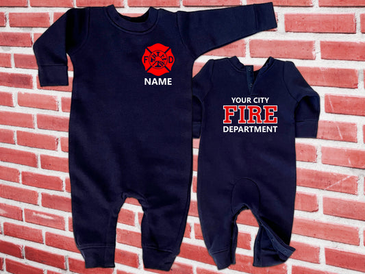 Firefighter Baby Fleece One Piece Bodysuit with Maltese Cross and Personalized Name - Optional Fire Department on Back