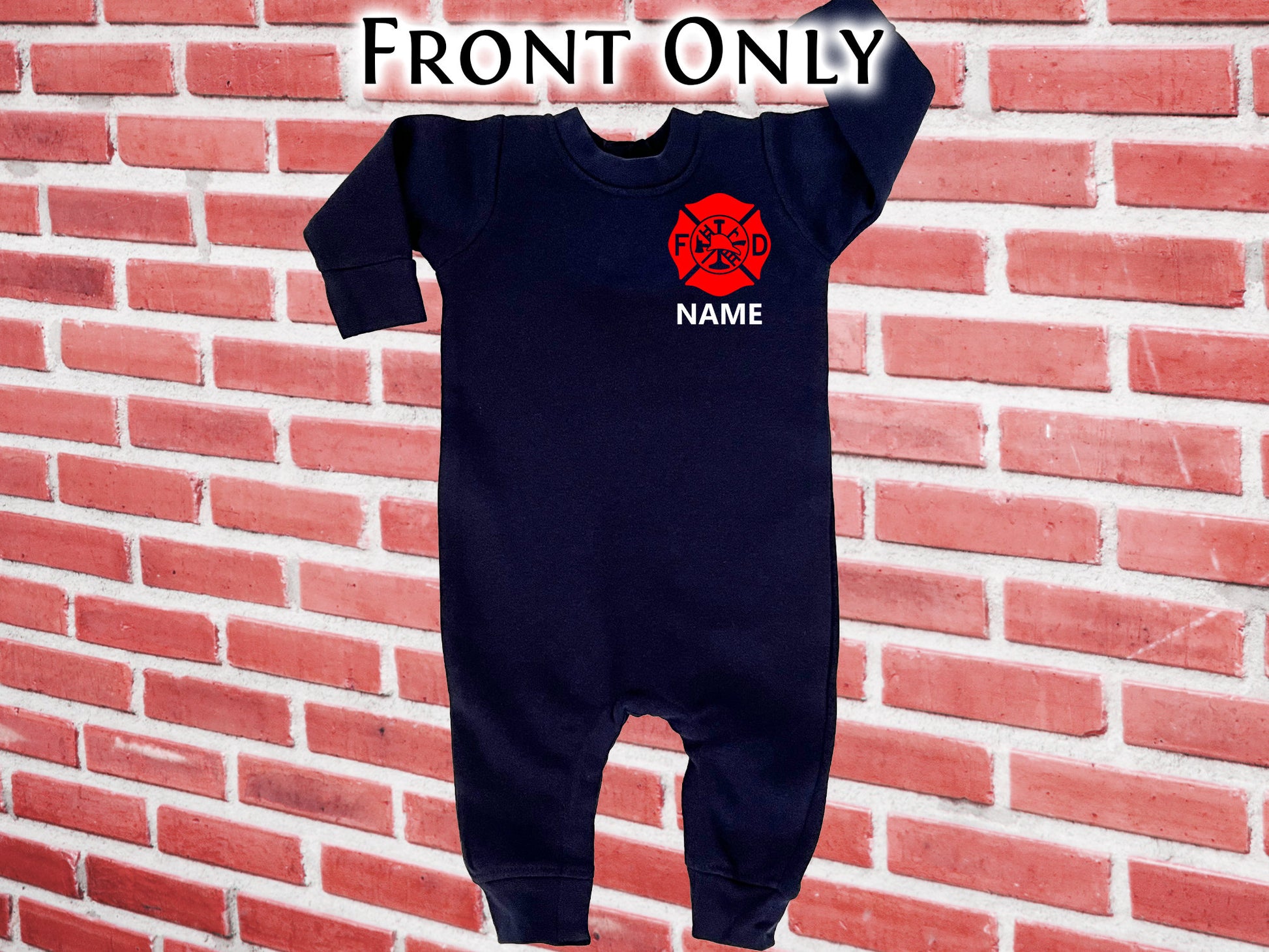 Firefighter Baby Fleece One Piece Bodysuit with Maltese Cross and Personalized Name - Optional Fire Department on Back