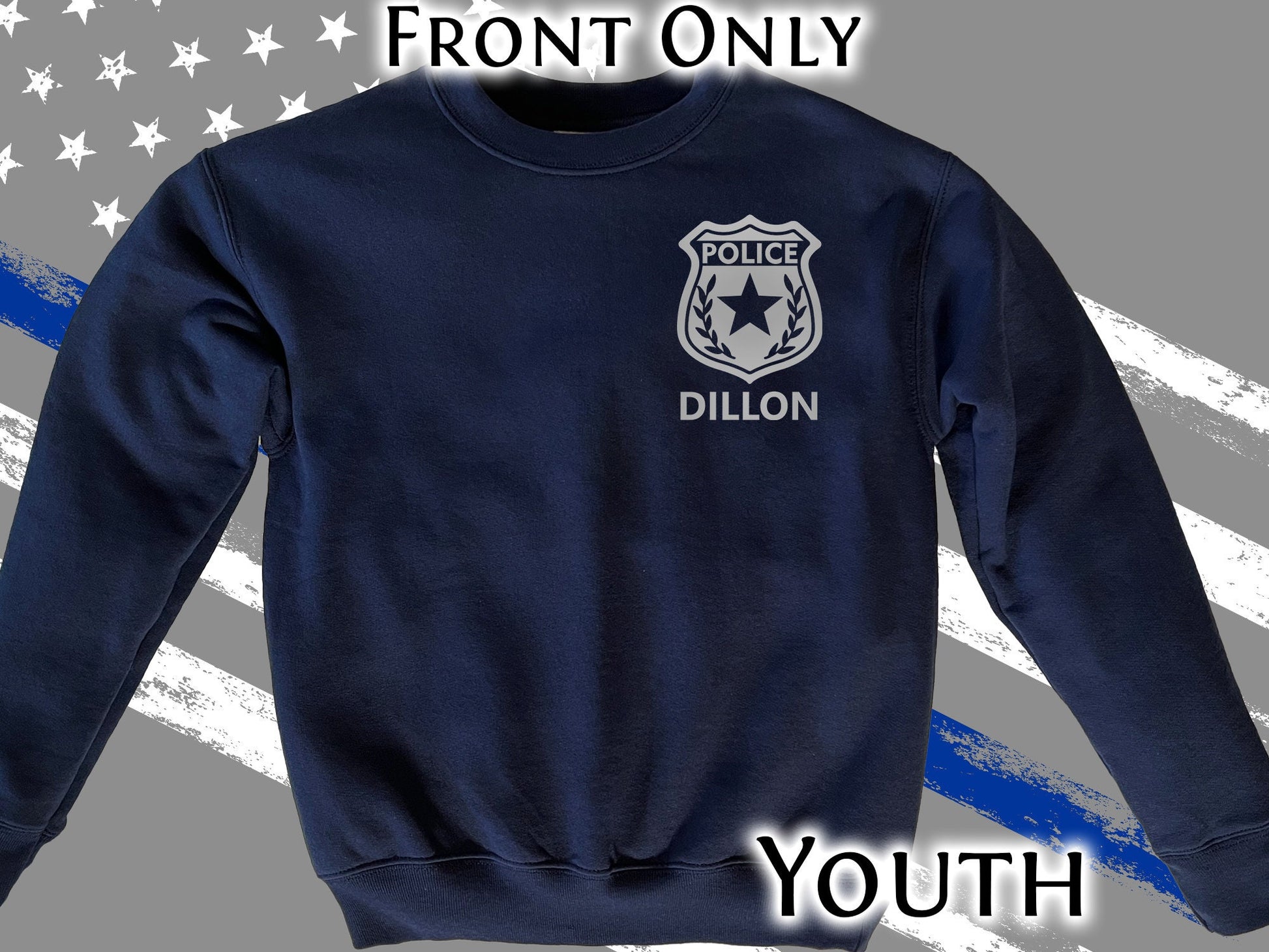 Police Youth Crew Neck Sweatshirt with Badge and Personalized Name - Optional Police Department on Back