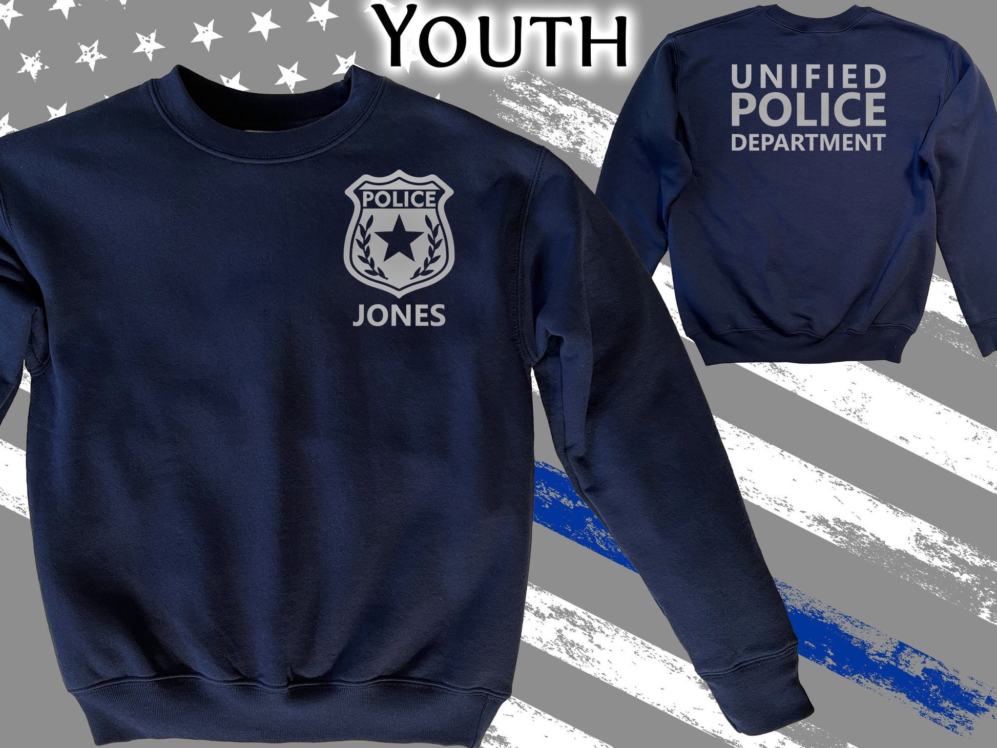 Police Youth Crew Neck Sweatshirt with Badge and Personalized Name - Optional Police Department on Back