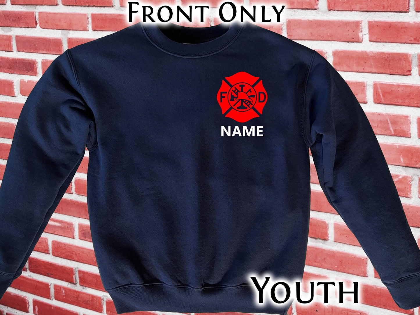 Firefighter Youth Crew Neck Sweatshirt with Maltese Cross and Personalized Name - Optional Fire Department on Back