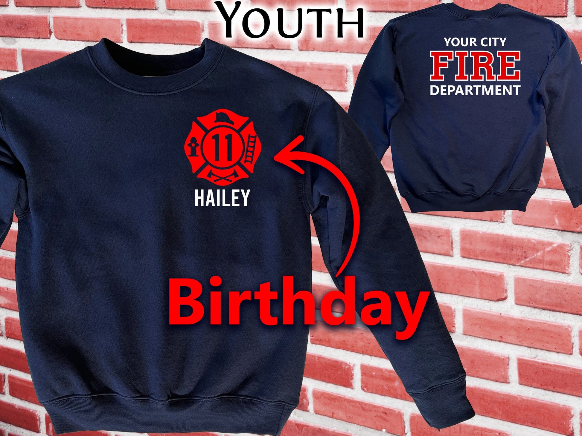 Birthday Firefighter Youth Crew Neck Sweatshirt - Maltese Cross with Age and Personalized Name - Optional Fire Department on Back